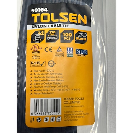 Tolsen Cable Tie, 14-1/2 in L, 106 mm Max Bundle Dia., Black, Nylon 6/6, 40 lb Strength, 100 PK 50164